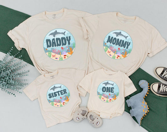 Matching Family Ocean Shark Birthday Outfit for Baby Boy First Oneder The Sea Party Romper Custom Name Natural Cotton Bodysuit