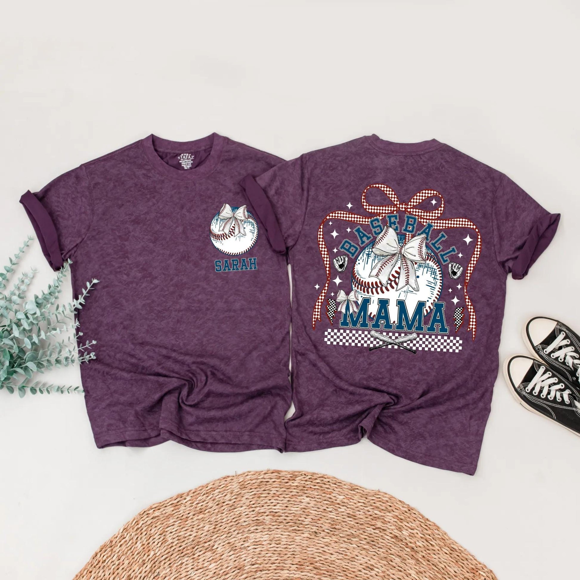 Baseball Mama & Mini Matching Shirts Retro Bow First Birthday Outfit Custom Name Red White Blue Checkered Family Tees Trendy Party Top 1st Birthday Gift