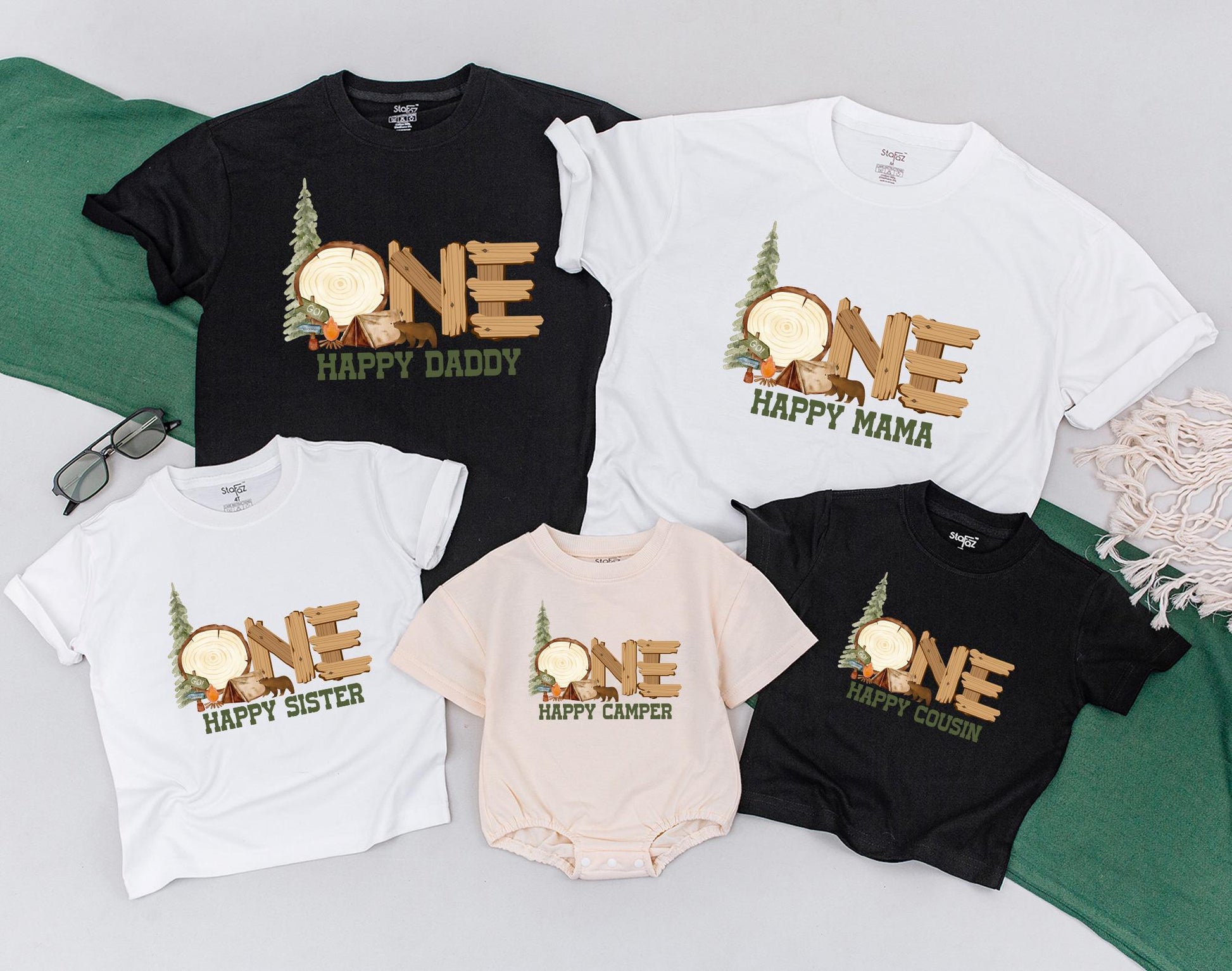Matching Family Camping Shirts: One Happy Camper 1st Birthday Outfit, Mommy and Me, Camp Baby Romper, Boy & Girl Gifts (139 chars)