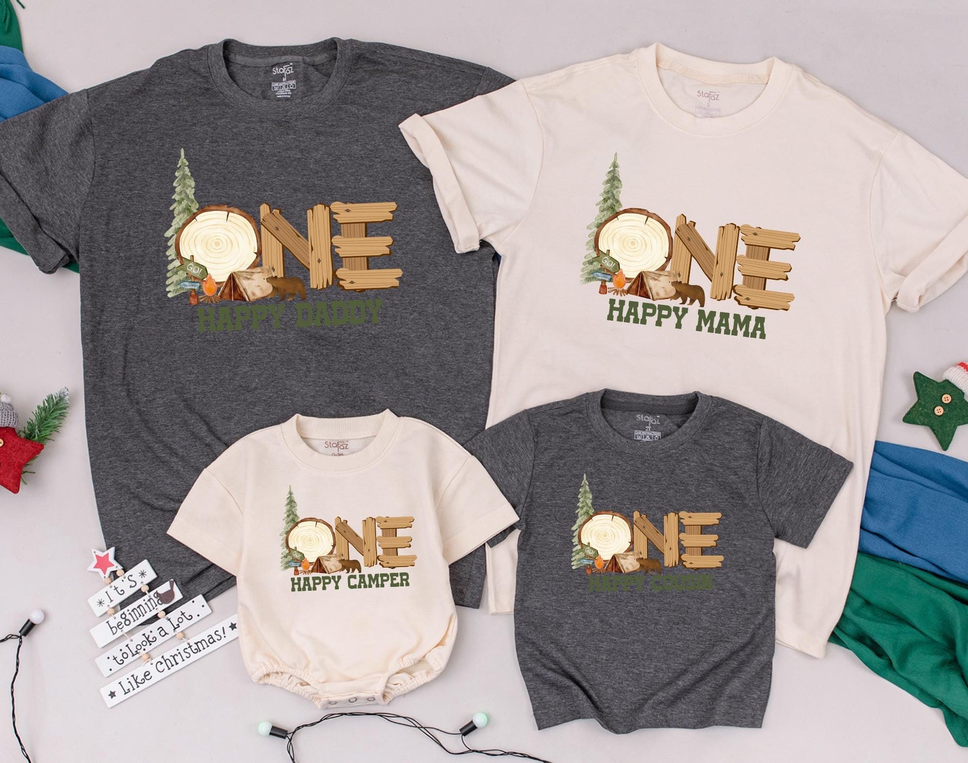 Matching Family Camping Shirts: One Happy Camper 1st Birthday Outfit, Mommy and Me, Camp Baby Romper, Boy & Girl Gifts (139 chars)