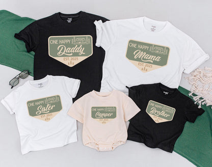 One Happy Camper 1st Birthday Family Shirts | Matching Boy Outfit, First Camper Birthday Baby Romper, Camp Birthday Tee Gift (136 chars)