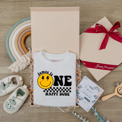 One Happy Dude Birthday Bodysuit First Birthday Smiley Face Outfit for Baby Boy Custom Name Personalized
