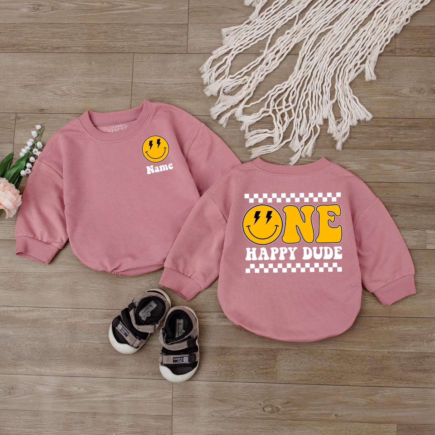 One Happy Dude Bubble Romper Smiley Face Birthday Outfit Custom 1st Birthday Baby Clothes Cake Smash Outfit