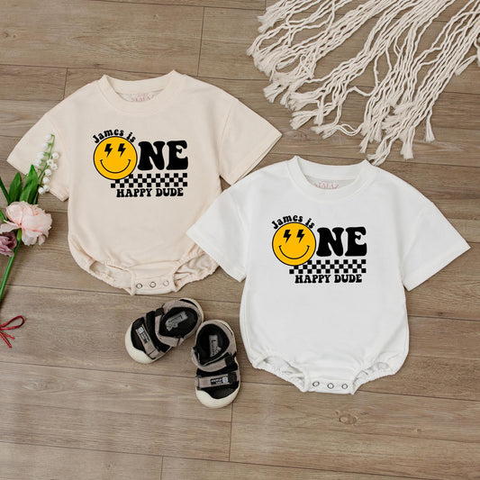 One Happy Dude Birthday Bodysuit First Birthday Smiley Face Outfit for Baby Boy Custom Name Personalized