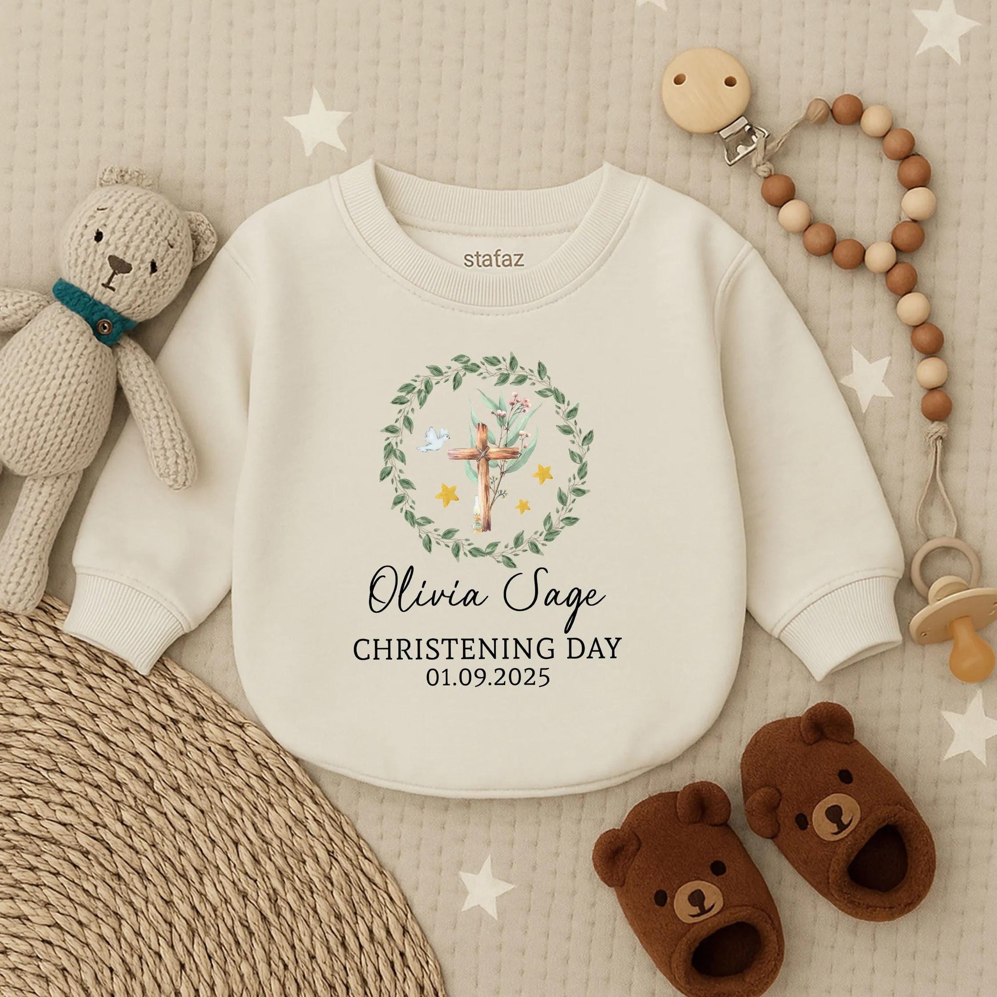 Custom Christening Long Sleeve Bubble Romper for Baby Girl, Personalized Baptism Outfit, Baby Shower Gift Religious Clothes, Girl's Special Day