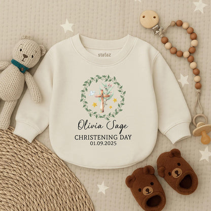 Custom Christening Long Sleeve Bubble Romper for Baby Girl, Personalized Baptism Outfit, Baby Shower Gift Religious Clothes, Girl's Special Day