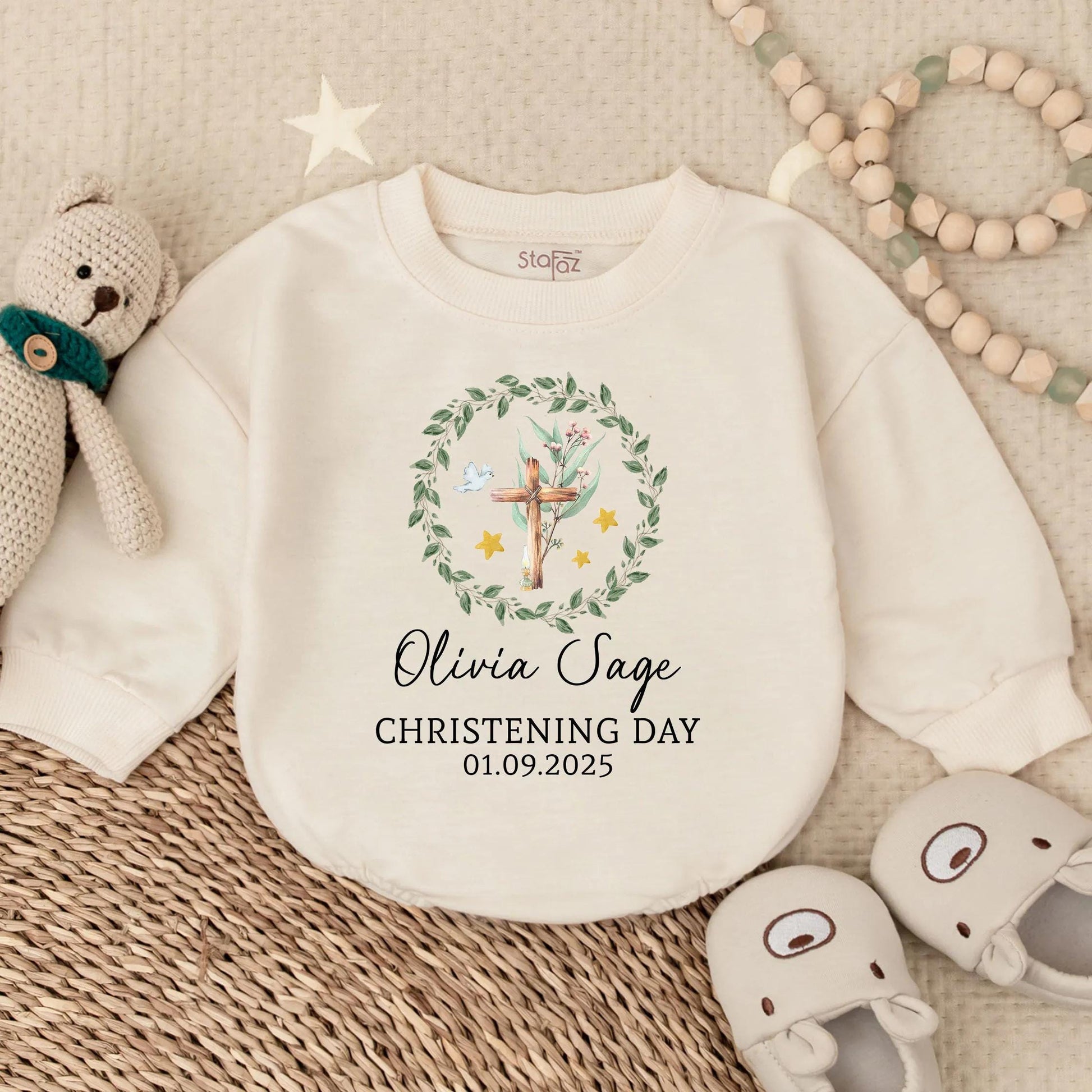 Custom Christening Long Sleeve Bubble Romper for Baby Girl, Personalized Baptism Outfit, Baby Shower Gift Religious Clothes, Girl's Special Day