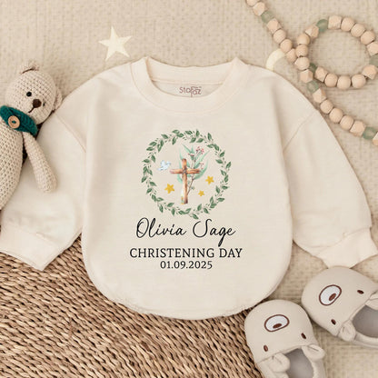 Custom Christening Long Sleeve Bubble Romper for Baby Girl, Personalized Baptism Outfit, Baby Shower Gift Religious Clothes, Girl's Special Day