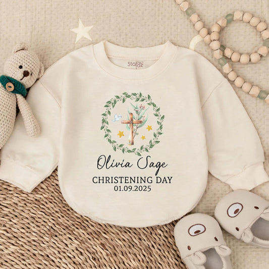 Custom Christening Long Sleeve Bubble Romper for Baby Girl, Personalized Baptism Outfit, Baby Shower Gift Religious Clothes, Girl's Special Day