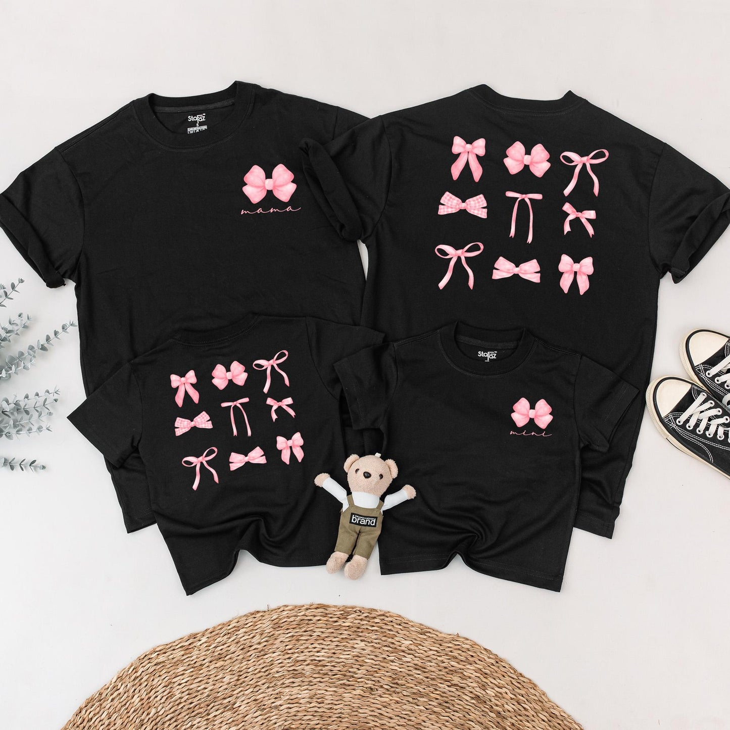 Mama and Mini Bow Matching Family T-Shirts Aesthetic Soft Girl Pink Ribbon Baby Toddler Fashion Outfit Comfortable Cotton Tee