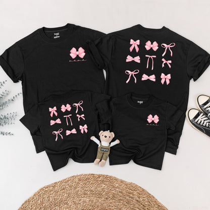 Mama and Mini Bow Matching Family T-Shirts Aesthetic Soft Girl Pink Ribbon Baby Toddler Fashion Outfit Comfortable Cotton Tee