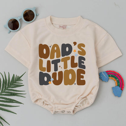 Dad's Little Dude Romper Retro Brown Gray Stars Baby Boy Outfit First Father's Day Gift
