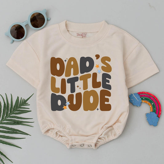 Dad's Little Dude Romper Retro Brown Gray Stars Baby Boy Outfit First Father's Day Gift