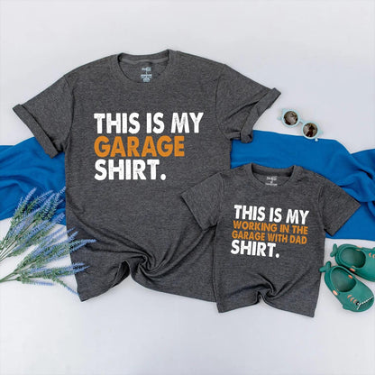 Father and Son Matching Garage Working Shirt for Dad and Little Helper Bonding Crew Comfortable Cotton Tee Handyman Apparel Perfect Fathers Day Gift