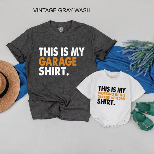 Father and Son Matching Garage Working Shirt for Dad and Little Helper Bonding Crew Comfortable Cotton Tee Handyman Apparel Perfect Fathers Day Gift