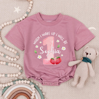 Sophia is One! Pink Strawberry 1st Birthday Romper, Whimsical Baby Girl Outfit with Flowers & Leaves, Cute Berry First Birthday Bodysuit, Size 1, Adorable 