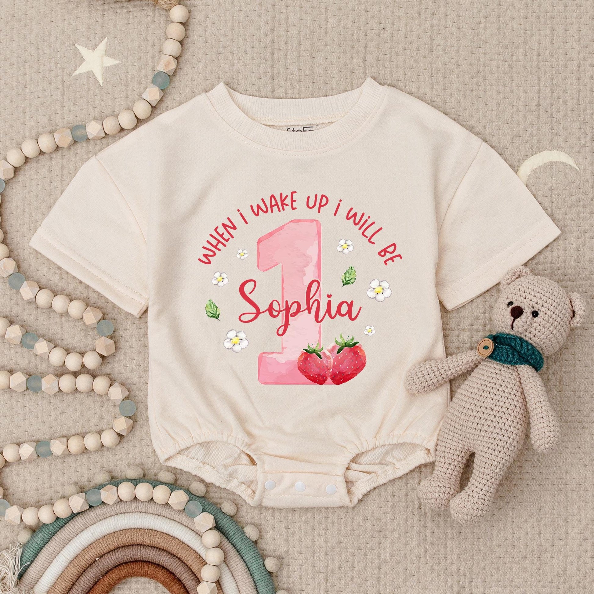 Sophia is One! Pink Strawberry 1st Birthday Romper, Whimsical Baby Girl Outfit with Flowers & Leaves, Cute Berry First Birthday Bodysuit, Size 1, Adorable 