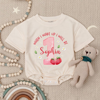 Sophia is One! Pink Strawberry 1st Birthday Romper, Whimsical Baby Girl Outfit with Flowers & Leaves, Cute Berry First Birthday Bodysuit, Size 1, Adorable 