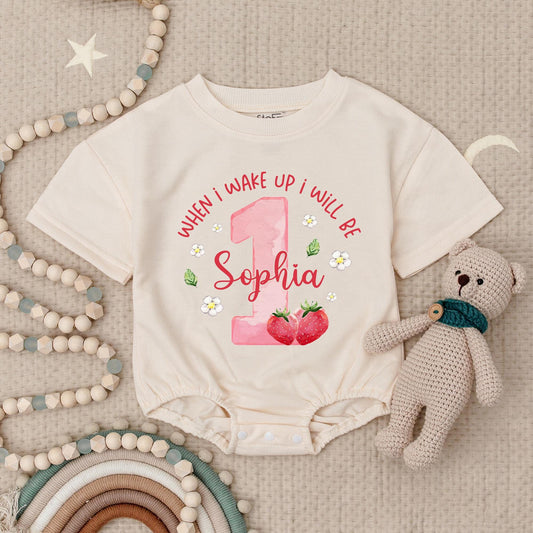 Sophia is One! Pink Strawberry 1st Birthday Romper, Whimsical Baby Girl Outfit with Flowers & Leaves, Cute Berry First Birthday Bodysuit, Size 1, Adorable 