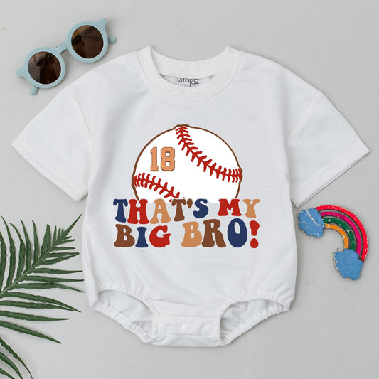 That's My Big Bro Baseball Romper - Custom Number 18 Baby Bodysuit Vintage Sports Outfit, Playful Red, Brown, Navy Infant Gift, Game Day Clothes