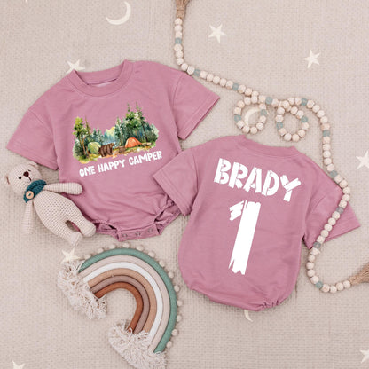 Personalized One Happy Camper Baby Romper Camping First Birthday Boy Outfit with Name and Number Outdoorsy Playful Woodland Design