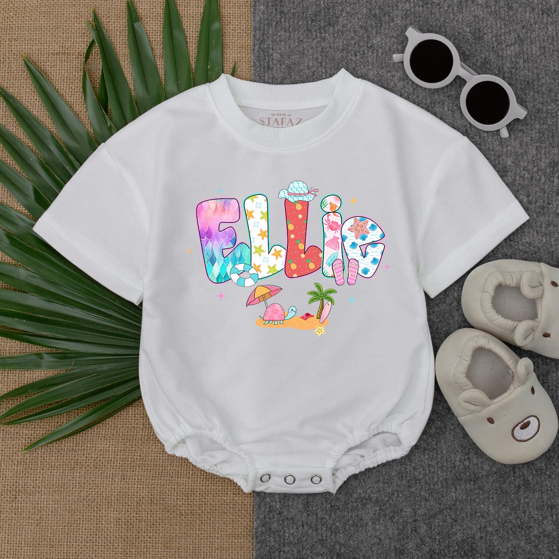 Personalized Beach Girl Romper with Name, Custom Summer Outfit for Baby Girl, Bubble Romper, Beach Baby Clothes, Cute Infant Gift