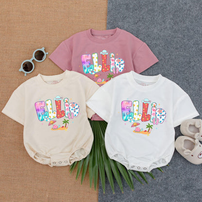 Personalized Beach Girl Romper with Name, Custom Summer Outfit for Baby Girl, Bubble Romper, Beach Baby Clothes, Cute Infant Gift