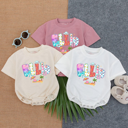Personalized Beach Girl Romper with Name, Custom Summer Outfit for Baby Girl, Bubble Romper, Beach Baby Clothes, Cute Infant Gift