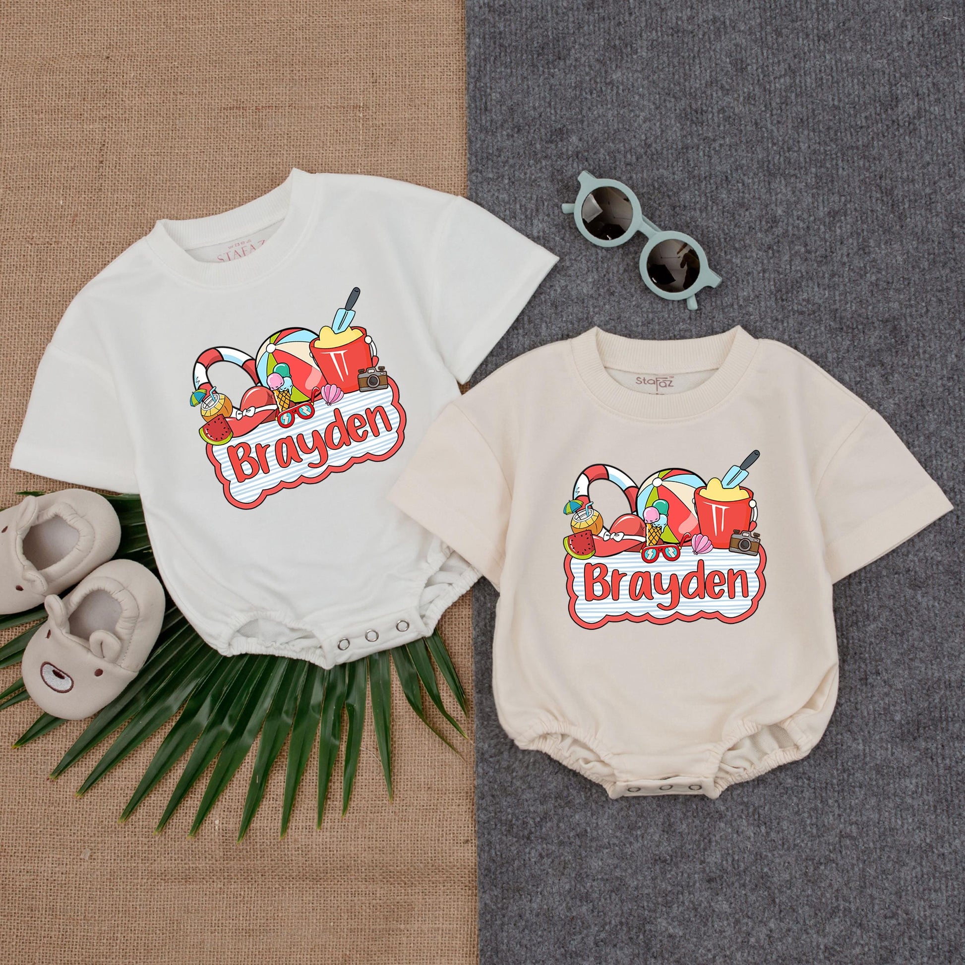 Custom Name Baby Boy Beach Romper, Personalized Summer Outfit for Boys, Custom Bubble Romper, Beach Baby Clothes
