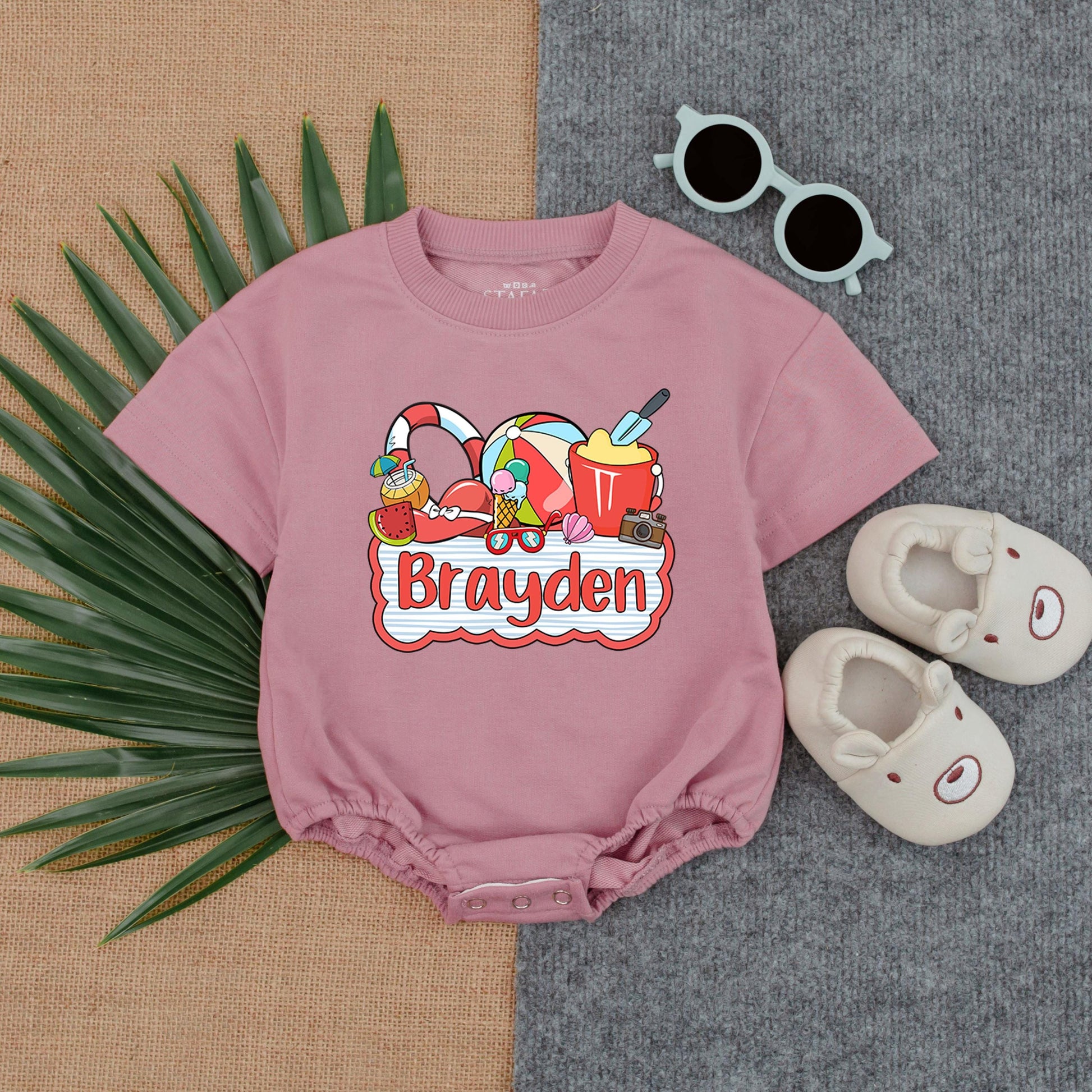 Custom Name Baby Boy Beach Romper, Personalized Summer Outfit for Boys, Custom Bubble Romper, Beach Baby Clothes