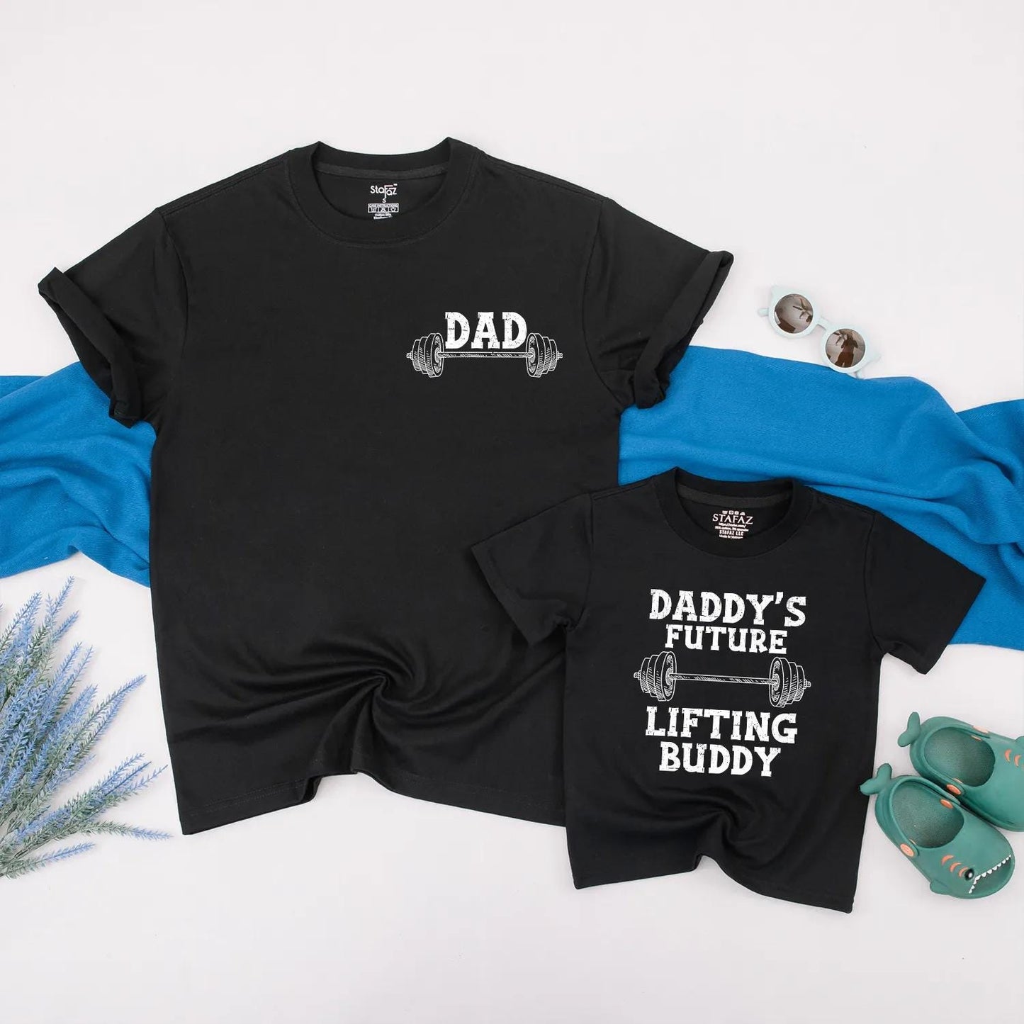 Matching Dad and Baby Lifting Buddy Shirts Father's Day Gift Gym Workout Tees for Daddy and Son Custom Weightlifting Bodysuit Barbell Graphic