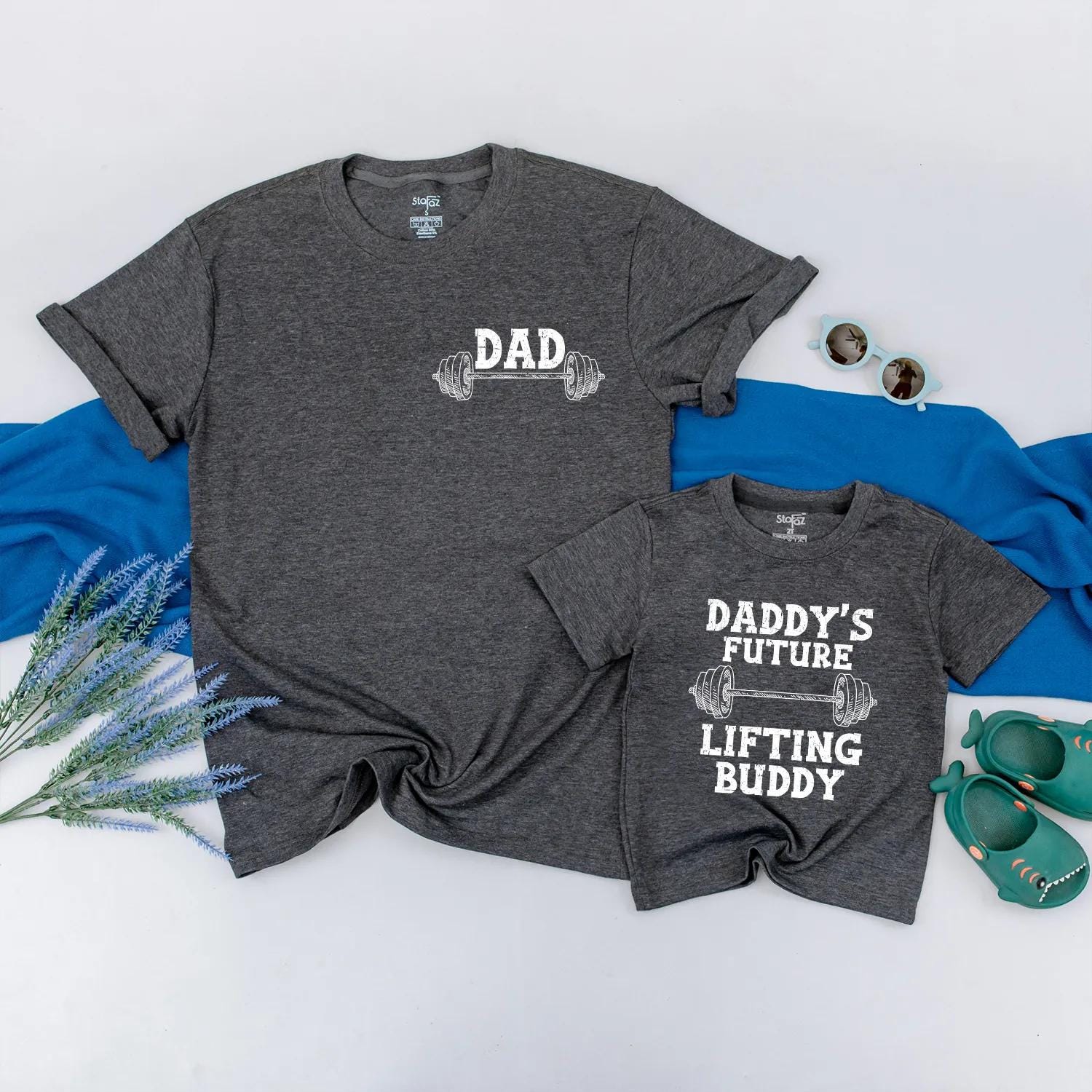 Matching Dad and Baby Lifting Buddy Shirts Father's Day Gift Gym Workout Tees for Daddy and Son Custom Weightlifting Bodysuit Barbell Graphic