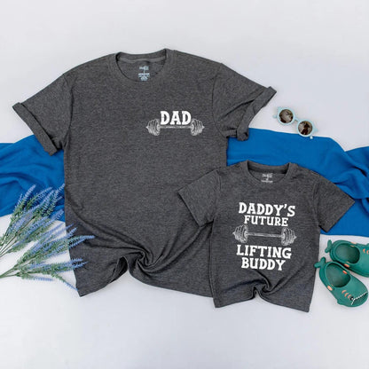 Matching Dad and Baby Lifting Buddy Shirts Father's Day Gift Gym Workout Tees for Daddy and Son Custom Weightlifting Bodysuit Barbell Graphic