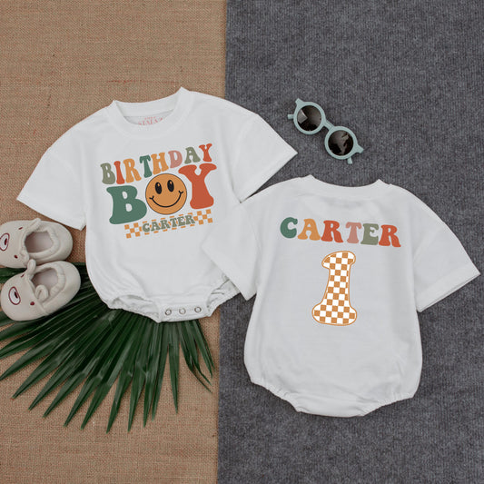 First Birthday Boy Romper - Smiley Face Cupcake Design Baby Outfit - 1st Birthday Short Sleeve Sleepsuit - Custom Boy's Bubble Romper