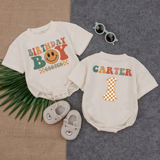First Birthday Boy Romper - Smiley Face Cupcake Design Baby Outfit - 1st Birthday Short Sleeve Sleepsuit - Custom Boy's Bubble Romper