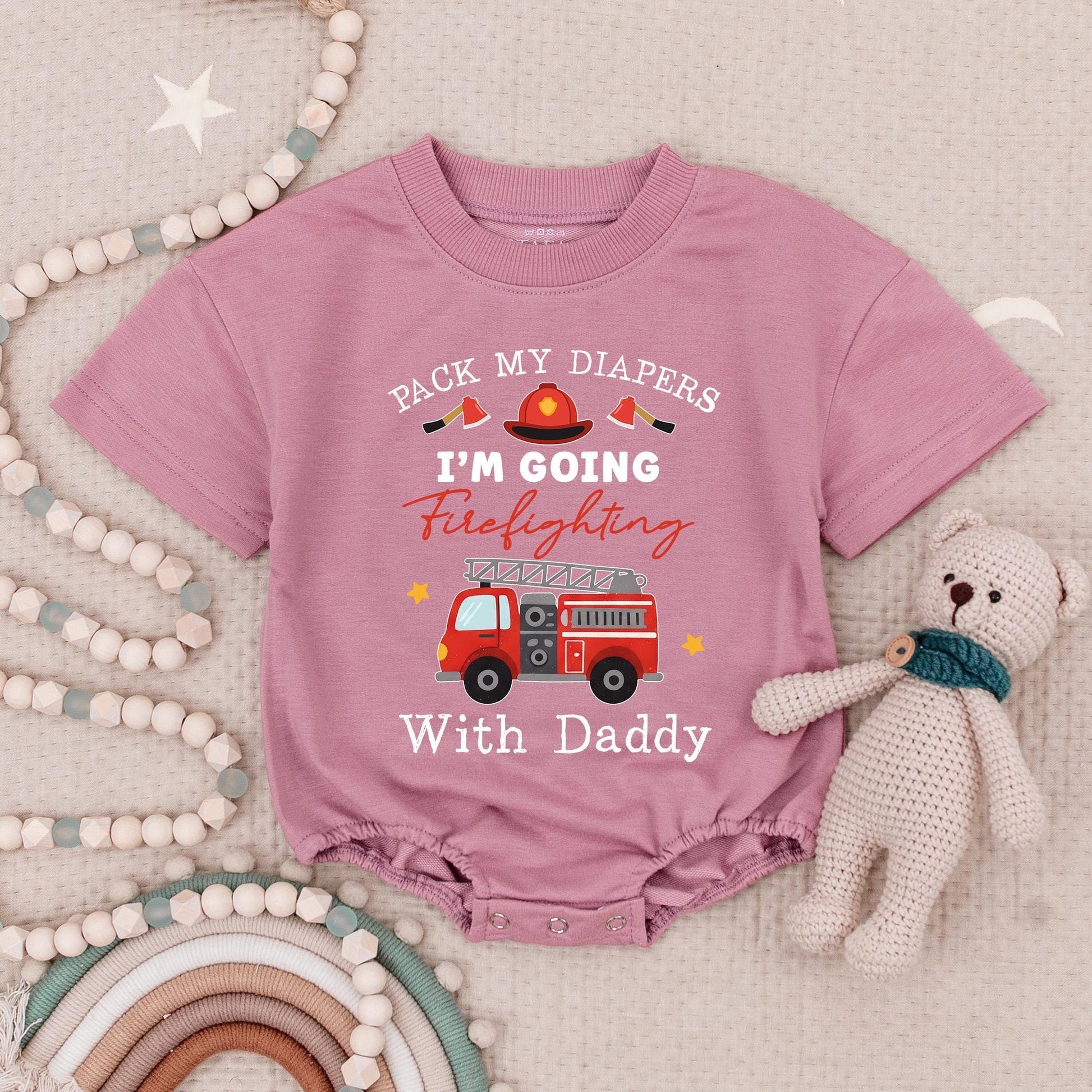 Future Firefighter Baby Romper: Pack My Diapers Firefighting With Daddy! Cute Firetruck Bodysuit, Whimsical Fireman Baby Shower Gift, Newborn Outfit, Red 