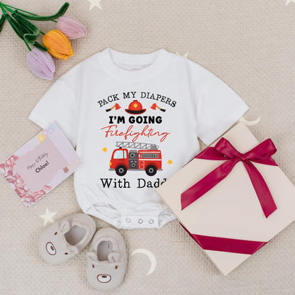 Future Firefighter Baby Romper: Pack My Diapers Firefighting With Daddy! Cute Firetruck Bodysuit, Whimsical Fireman Baby Shower Gift, Newborn Outfit, Red 