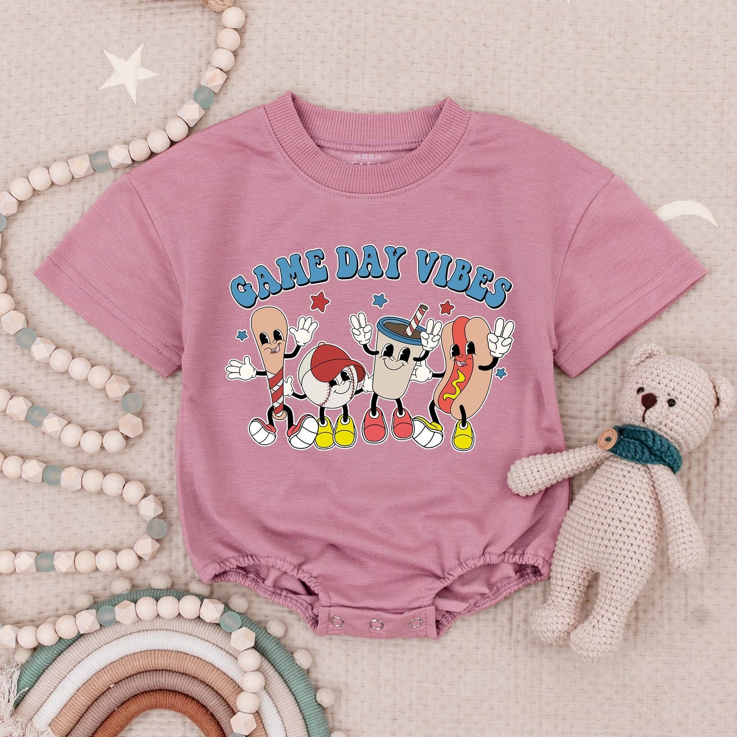Game Day Vibes Baby Bodysuit Baseball Romper Boys Sporty Gift Retro Graphics with Bat & Hotdog Fun Baby Clothes
