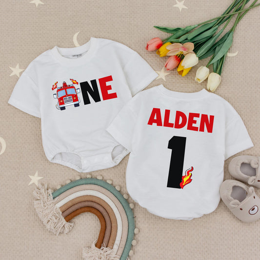 Alden's Fire Truck Birthday Outfit: "One" in Bold Fun! Custom Name Firefighter Baby Clothes Set with Flames, Playful Red & Black Design, Cotton Gift 139
