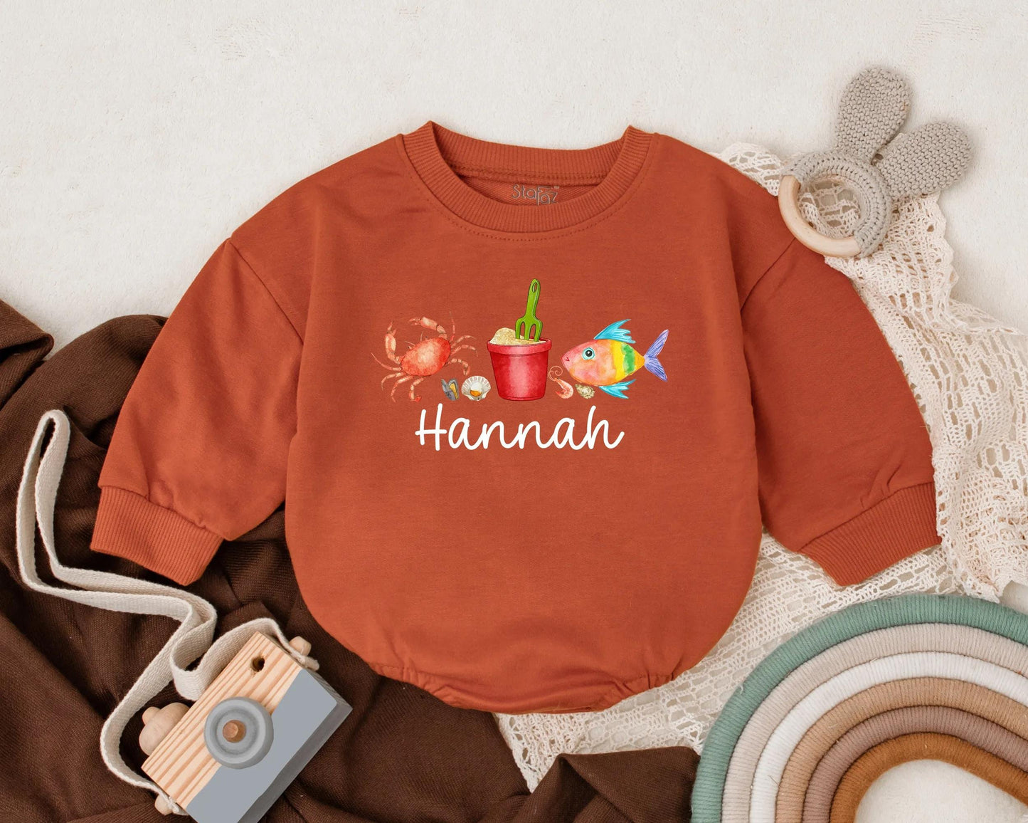 Personalized Crab & Fish Beach Bubble Romper for Baby Girl Summer Vacation Outfit Ocean Theme Custom Name Beachwear