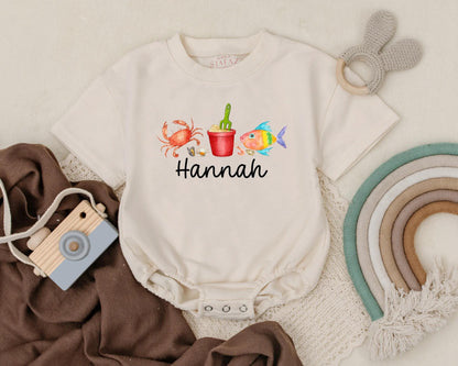 Personalized Crab & Fish Beach Bubble Romper for Baby Girl Summer Vacation Outfit Ocean Theme Custom Name Beachwear