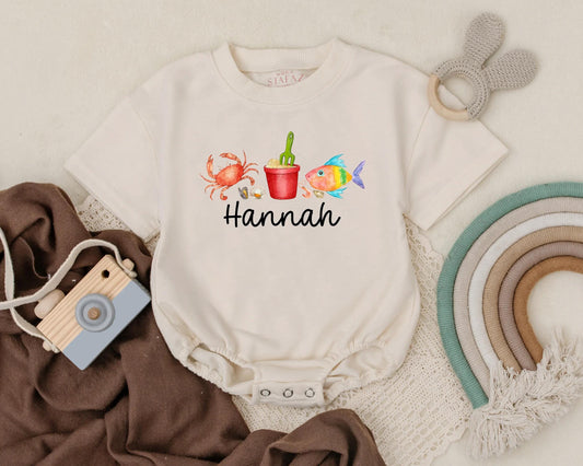 Personalized Crab & Fish Beach Bubble Romper for Baby Girl Summer Vacation Outfit Ocean Theme Custom Name Beachwear