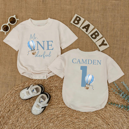 Mr Onederful Hot Air Balloon Romper Custom First Birthday Boy Outfit Newborn Bubble Bodysuit One Year Old Gift
