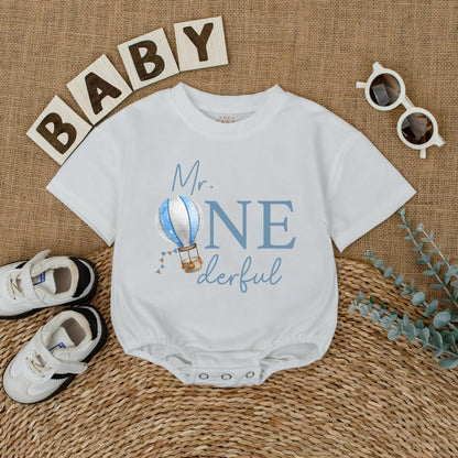 Mr Onederful Hot Air Balloon Romper Custom First Birthday Boy Outfit Newborn Bubble Bodysuit One Year Old Gift