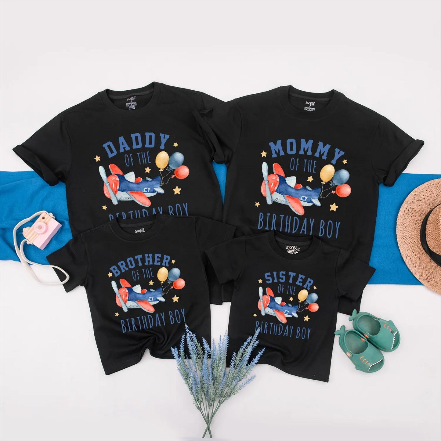 Matching Airplane Birthday Outfits: Blue & Red Airplanes with Balloons, Custom Family Shirts, First Birthday Boy/Girl Tees (140 chars)