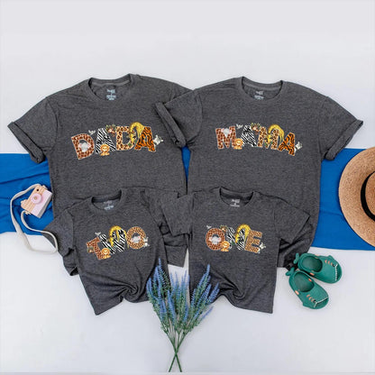 Wild One Safari Birthday Matching Family Shirts Mama Dad Jungle Theme Lion Elephant Zebra Spots Orange Brown Black
