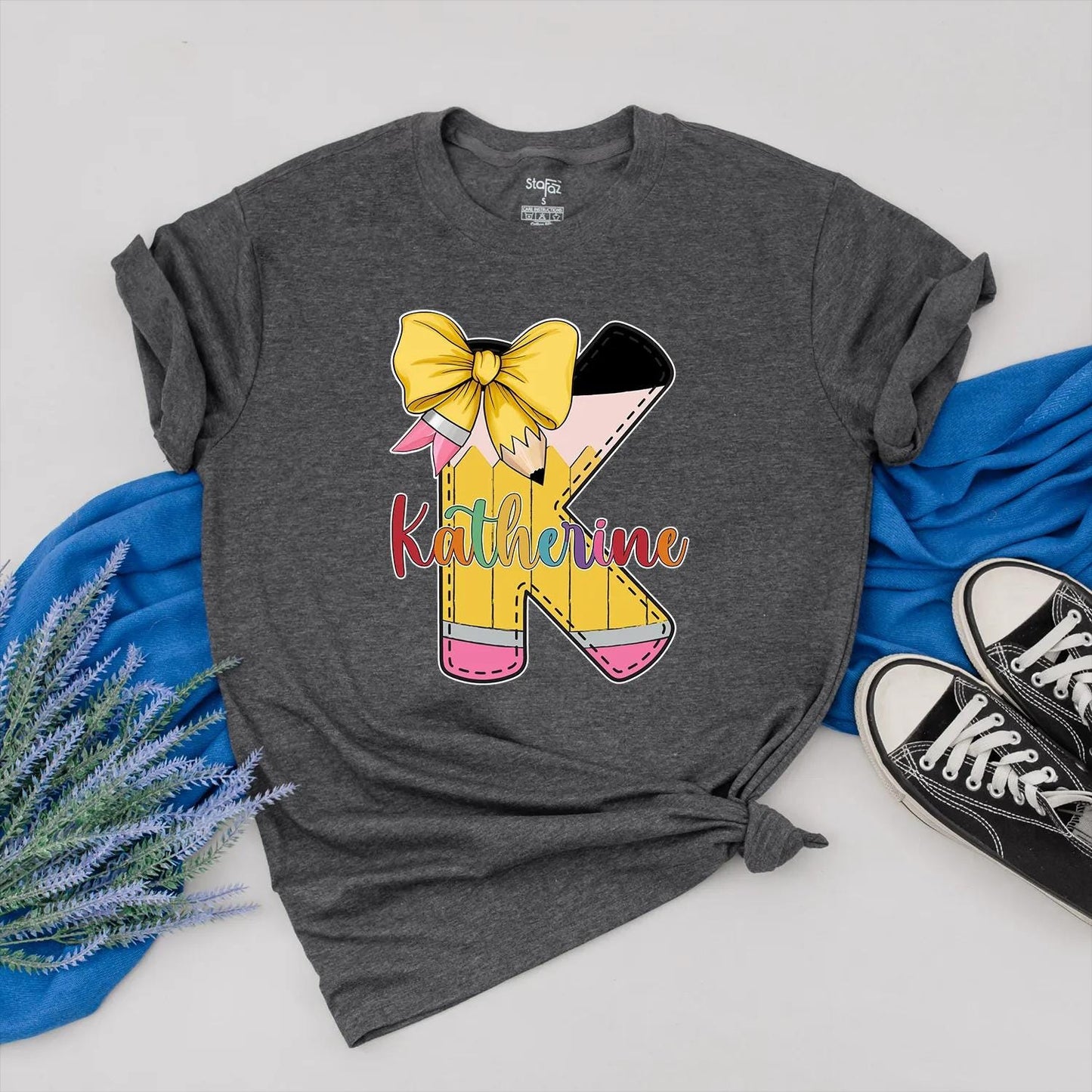 Personalized Pencil Teacher Shirt with Custom Name, Bow and Colorful Design, Teacher Appreciation Gift for Her, Back to School Outfit