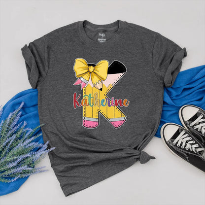 Personalized Pencil Teacher Shirt with Custom Name, Bow and Colorful Design, Teacher Appreciation Gift for Her, Back to School Outfit