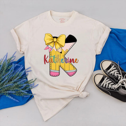 Personalized Pencil Teacher Shirt with Custom Name, Bow and Colorful Design, Teacher Appreciation Gift for Her, Back to School Outfit