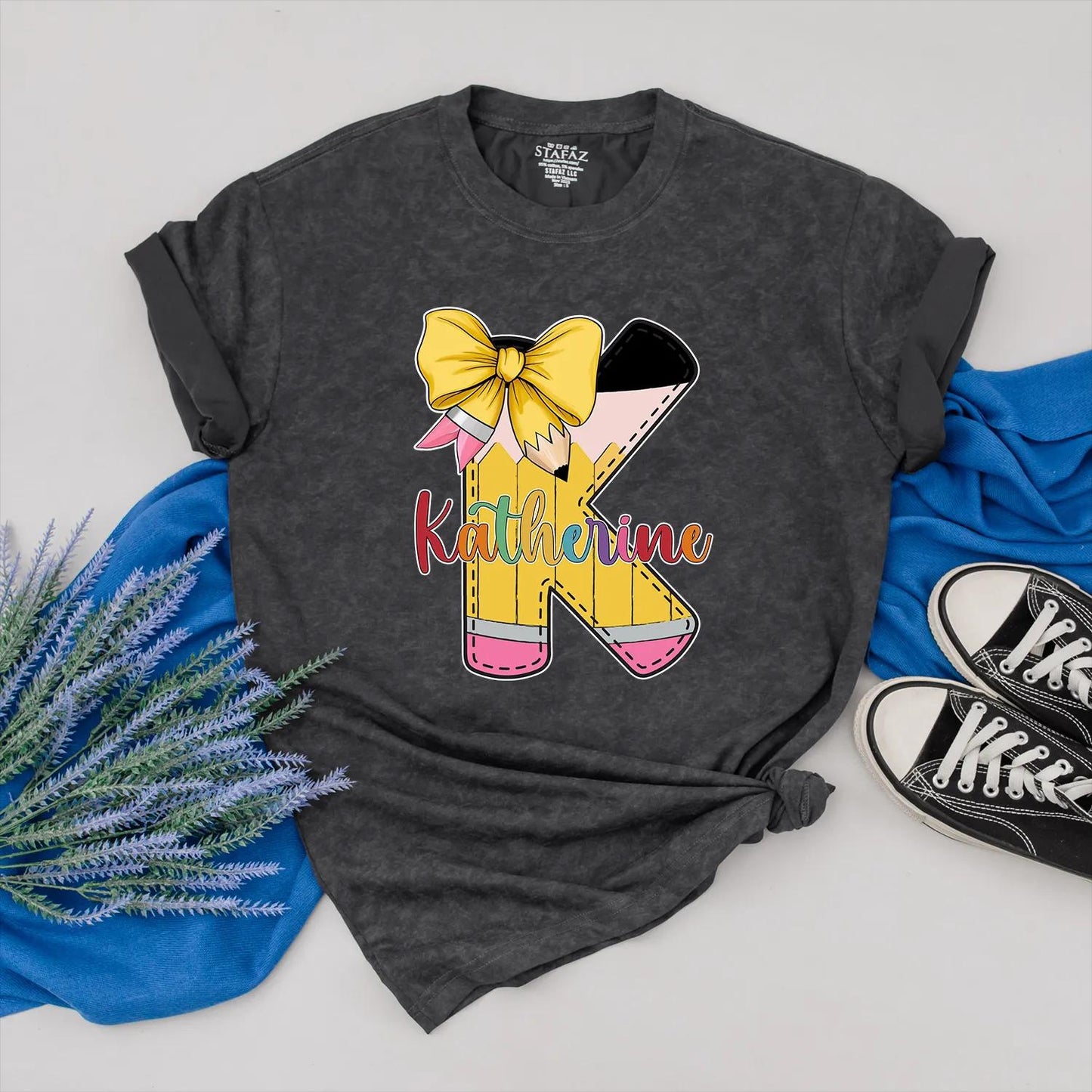 Personalized Pencil Teacher Shirt with Custom Name, Bow and Colorful Design, Teacher Appreciation Gift for Her, Back to School Outfit